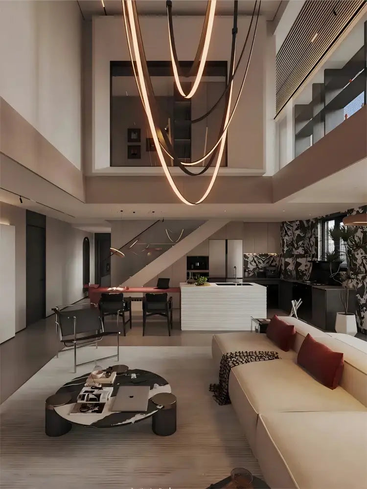 A sleek decorbites™ flexible leather belt led chandelier hangs above a minimalist living room with white sofa and marble table