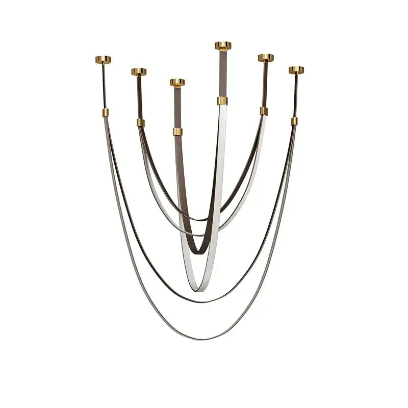 Modern decorbites flexible leather belt led chandelier with five curved arms featuring black metal and brown leather straps