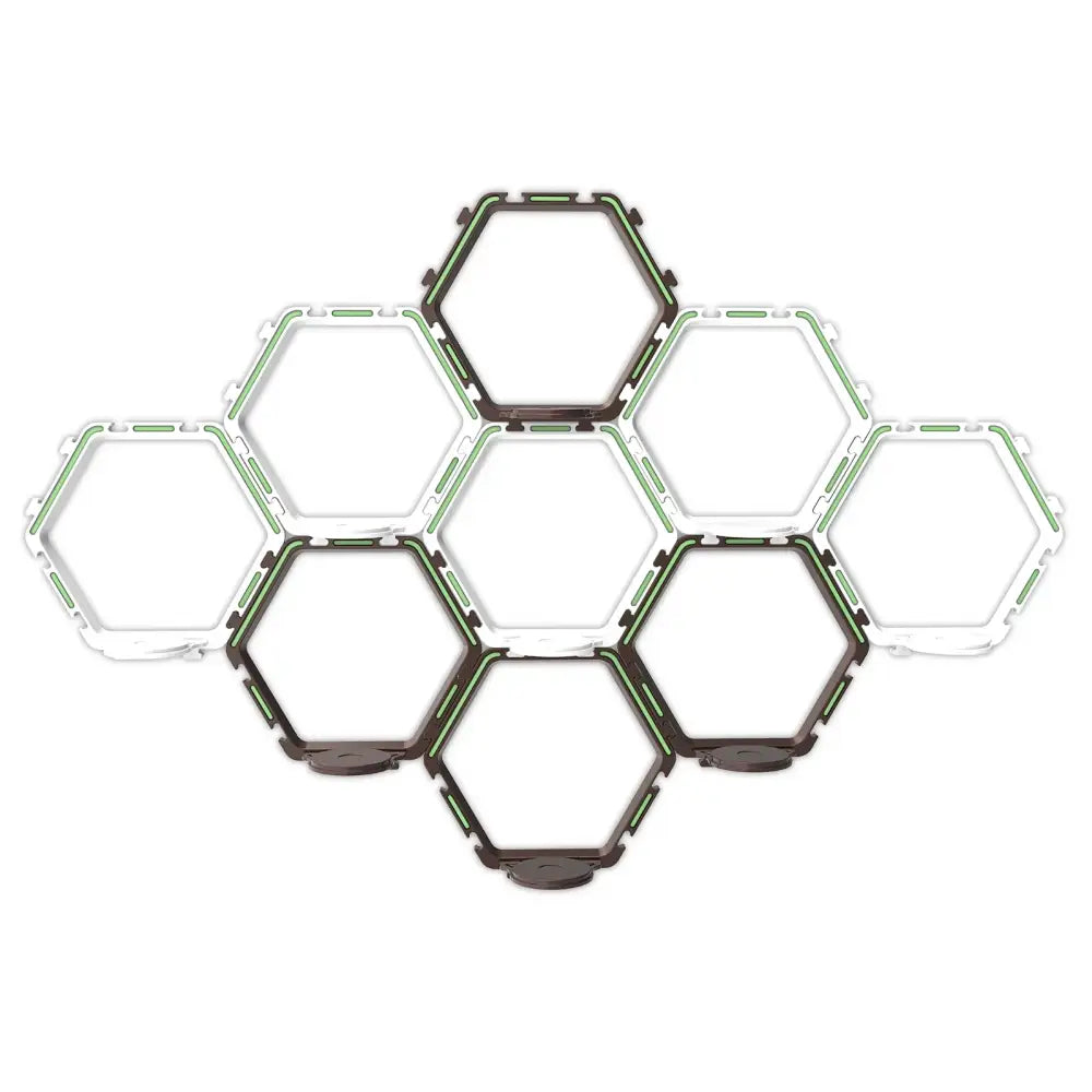 Decorbites™ floating display shelf system with modular hexagonal white and dark brown frames accented by green trim