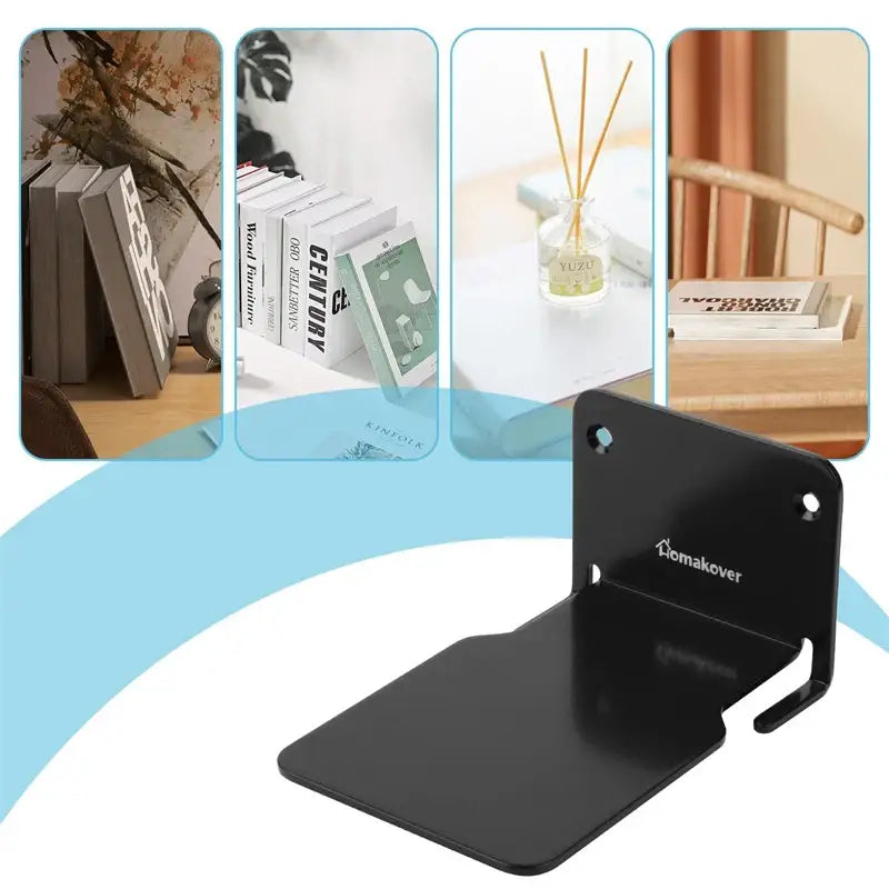 Black metal bookshelf bracket with sleek minimalist design and domakover engraving for 2pcs floating metal bookshelves