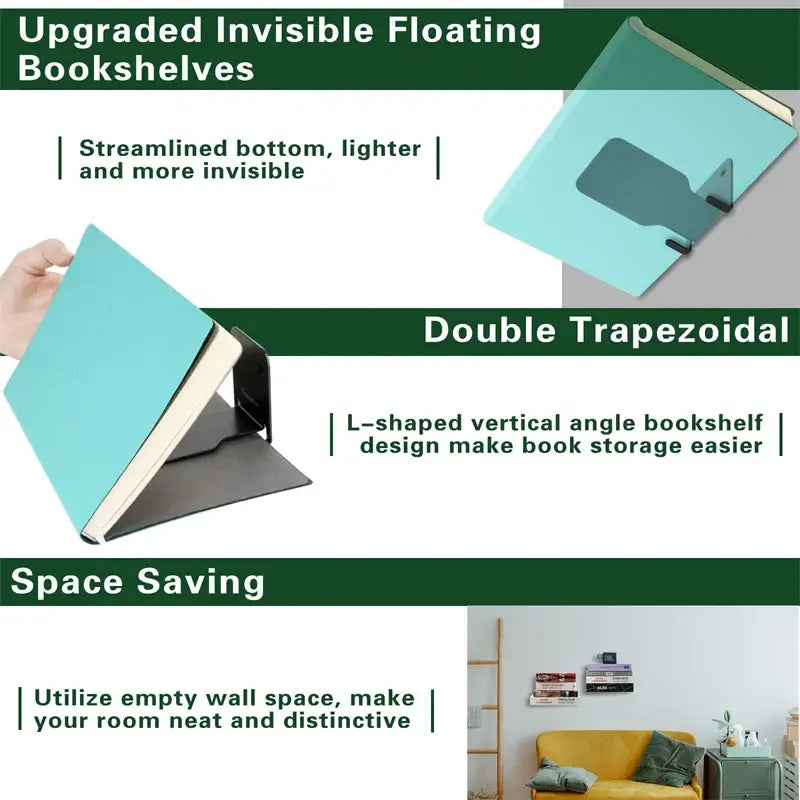 Light blue double trapezoidal 2pcs floating metal bookshelves with sleek minimalist design and black mounting brackets