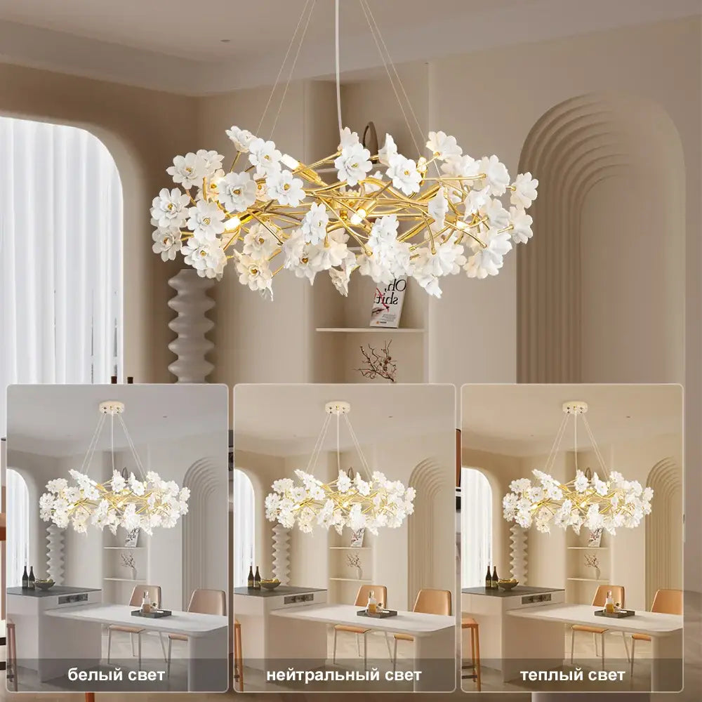 Elegant french white flower chandelier with gold metal branches and porcelain blossoms featuring three lighting modes