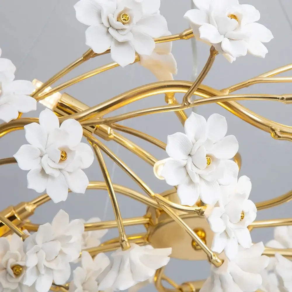 DecorBites™ floral french white ceramic chandelier with white flower chandelier design and gold metal accents