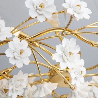 DecorBites™ floral french white ceramic chandelier with white flower chandelier design and gold metal accents