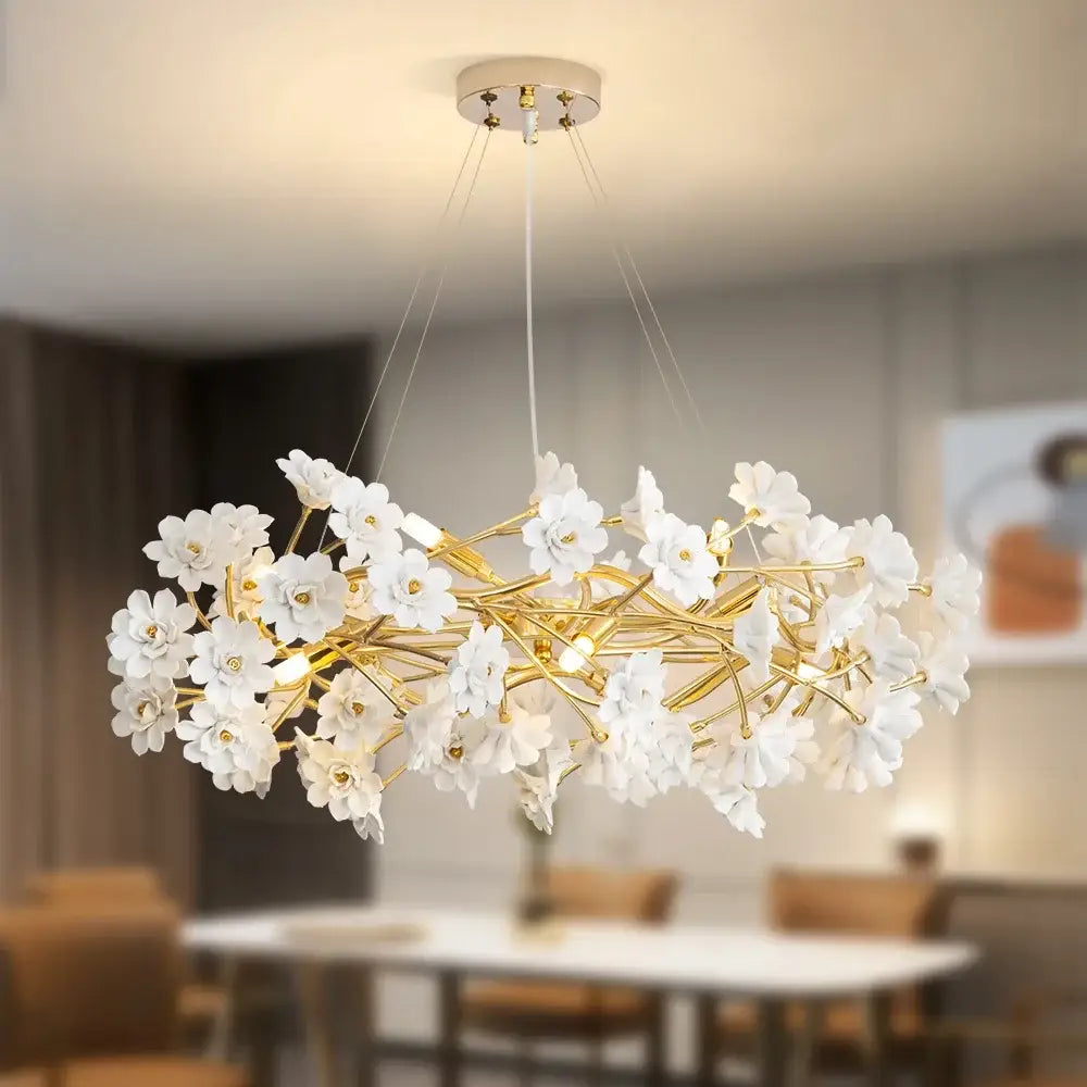 Elegant decorbites floral french white ceramic chandelier with gold branches and modern circular ceiling mount