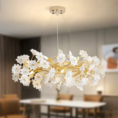 Elegant decorbites floral french white ceramic chandelier with gold branches and modern circular ceiling mount