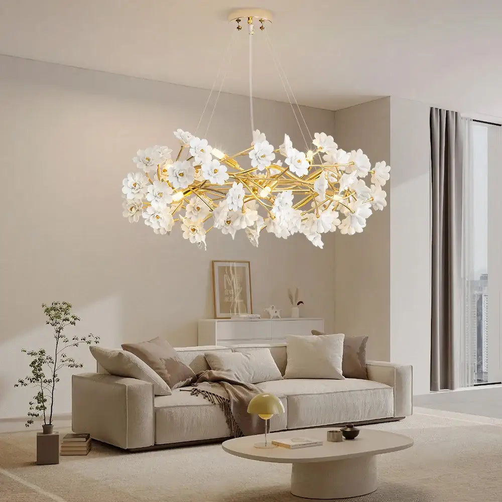 DecorBites™ floral French white ceramic chandelier with gold branches white flower chandelier and warm LED lights