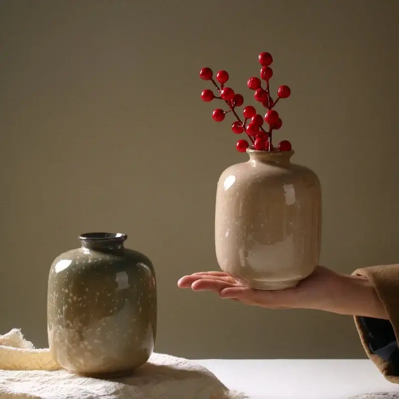 Beige decor ceramic vase 13.5cm high with glossy finish and red berries on slender branches for flower decor