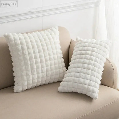 White plush quilted cushion cover with soft fluffy faux fur texture by decorbites ideal for living room decor
