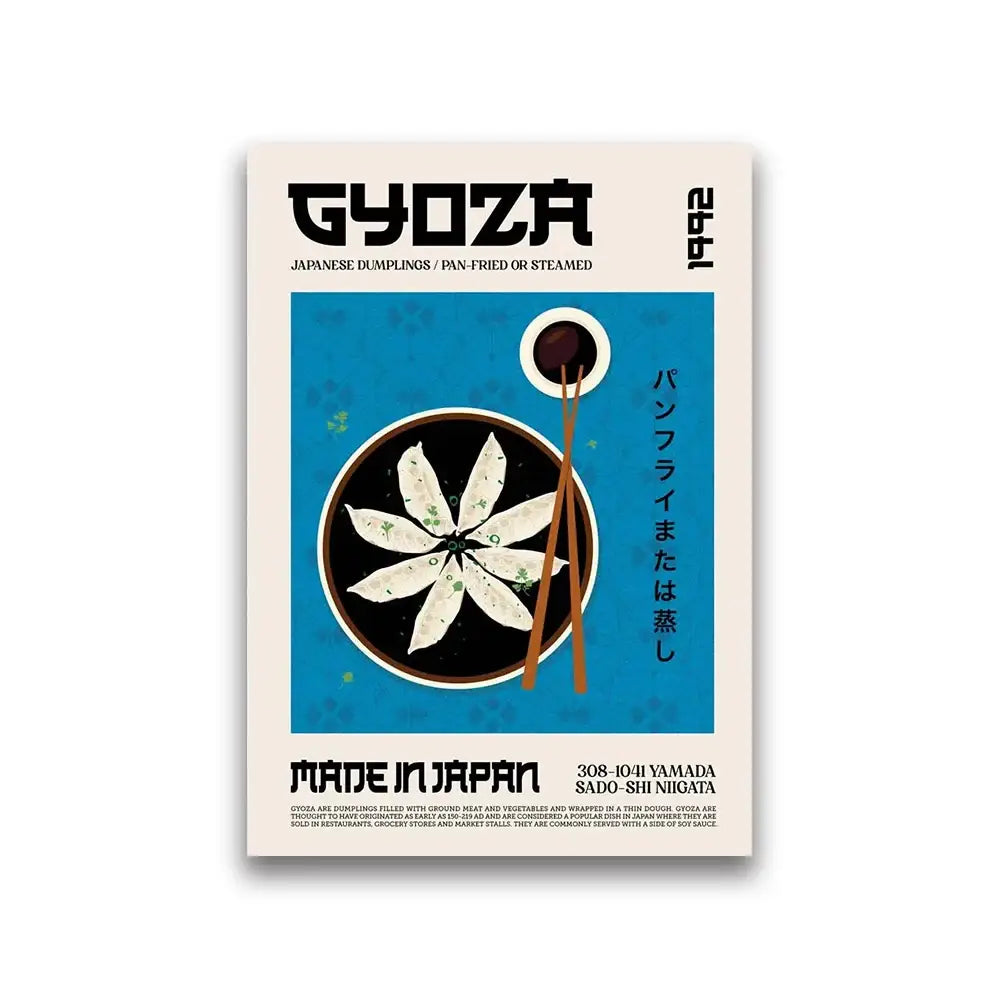 Decorbites™ foodie world cuisine canvas wall art featuring minimalist japanese gyoza illustration with bold typography