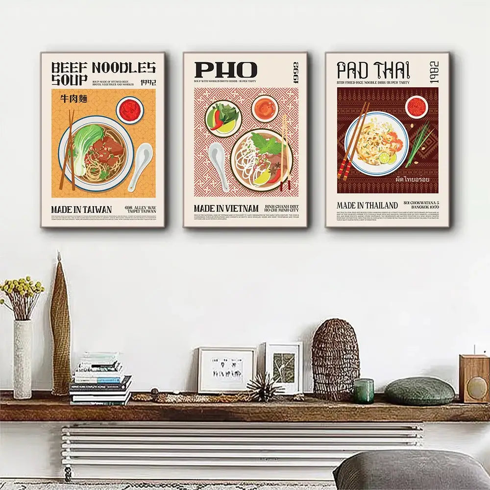 DecorBites™ world cuisine canvas print features vintage-style beef noodles pho and pad thai posters for home decor
