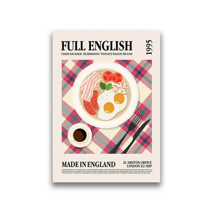 Vintage-style world cuisine canvas print of english breakfast on white plate with plaid tablecloth for home decor
