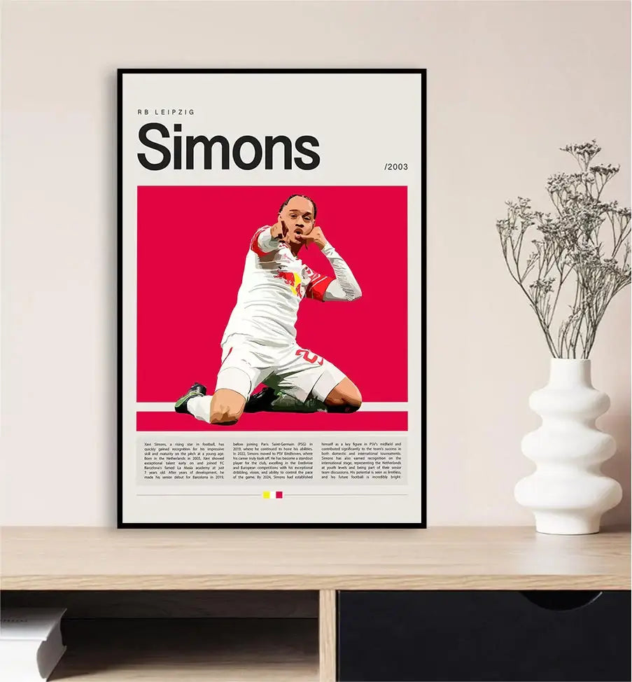 Black-framed wall art poster with vibrant pink background featuring simons and a football star champion in white and red uniform