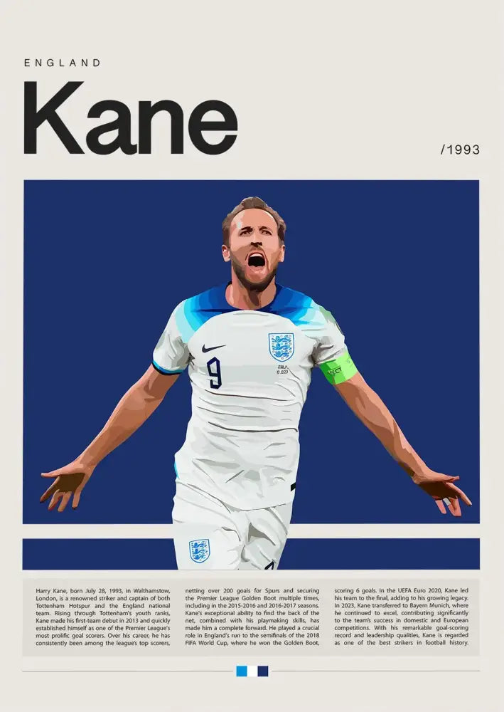 DecorBites™ football star champion poster canvas wall art featuring England jersey with blue white design and number 9