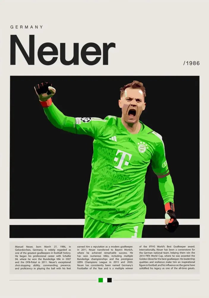 Decorbites™ football star champion poster canvas wall art featuring a green goalkeeper jersey with bayern munich logo