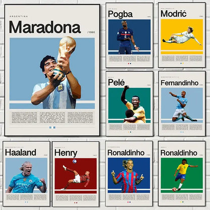 Set of nine vibrant football star champion poster canvas wall art featuring iconic players like maradona and pelé by decorbites