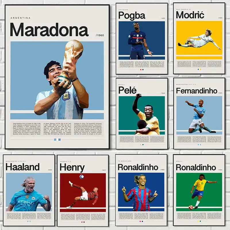 Set of nine vibrant football star champion poster canvas wall art featuring iconic players like maradona and pelé by decorbites