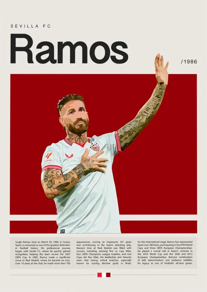 Decorbites™ football star champion poster canvas wall art featuring sevilla fc player sergio ramos in white jersey