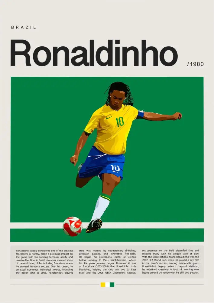Decorbites™ football star champion poster canvas wall art featuring a vibrant yellow and blue brazil jersey with number 10