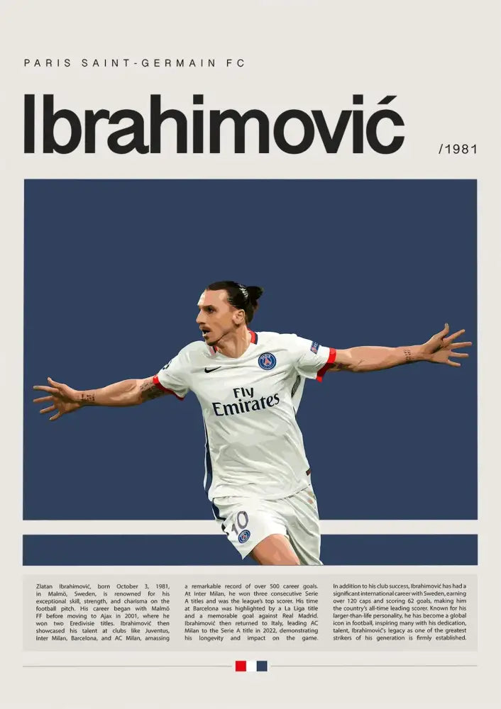 DecorBites™ football star champion poster canvas wall art featuring Zlatan Ibrahimović in white Paris Saint-Germain jersey