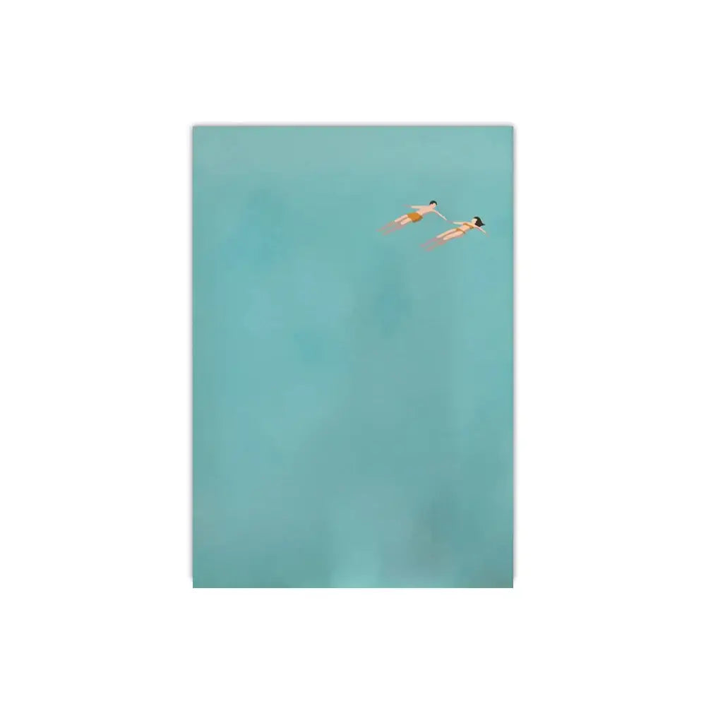 Decorbites frameless summer canvas wall art featuring minimalist teal ocean with two people swimming figures