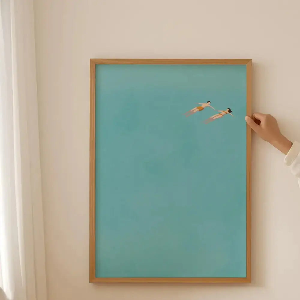 Decorbites™ frameless summer people swimming wall art with two stylized figures in a light wood frame and teal background