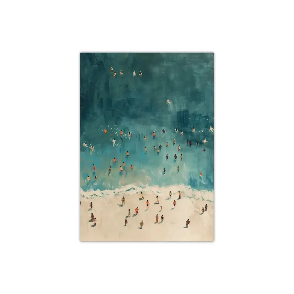 DecorBites™ frameless summer canvas wall art with abstract turquoise people swimming on sandy beach scene