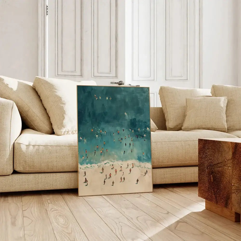 Decorbites frameless summer canvas wall art depicting stylized beach scene with people swimming in turquoise and beige tones