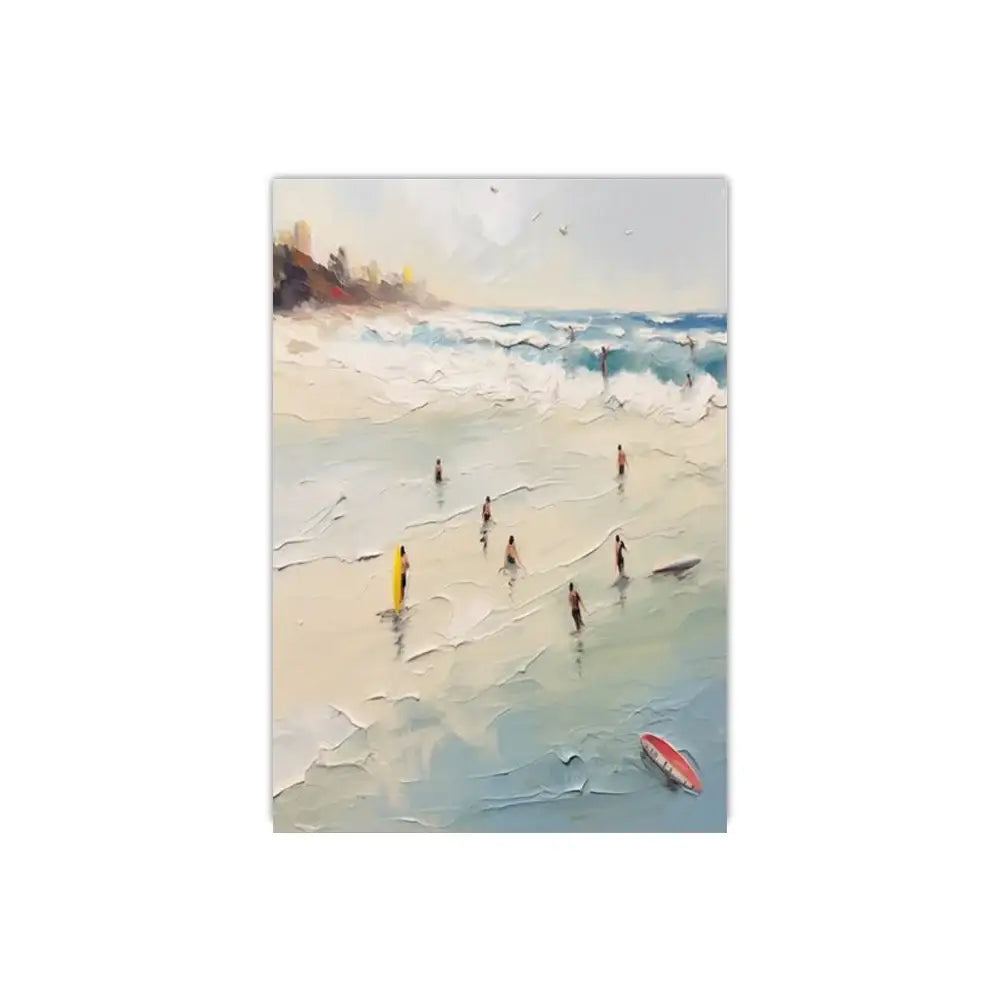 Beige and blue textured frameless summer canvas wall art depicting people swimming surfers waves and a red boat