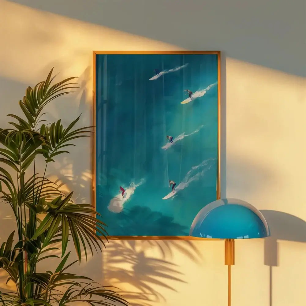 DecorBites™ frameless summer wall art showing people swimming on turquoise waves in a slim gold-colored frame