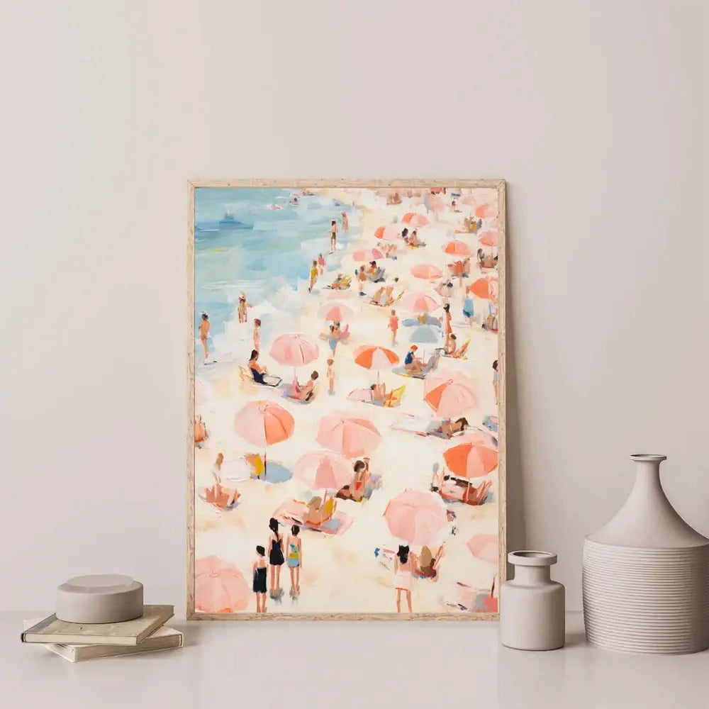 DecorBites™ frameless summer wall art of people swimming features pastel pink and orange umbrellas on a sandy shore