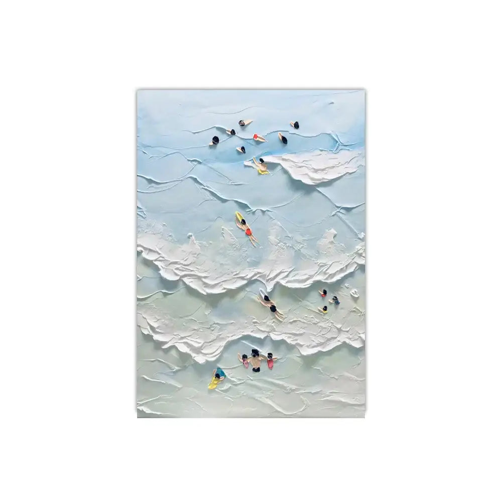 DecorBites frameless summer canvas wall art with textured light blue waves and miniature people swimming design