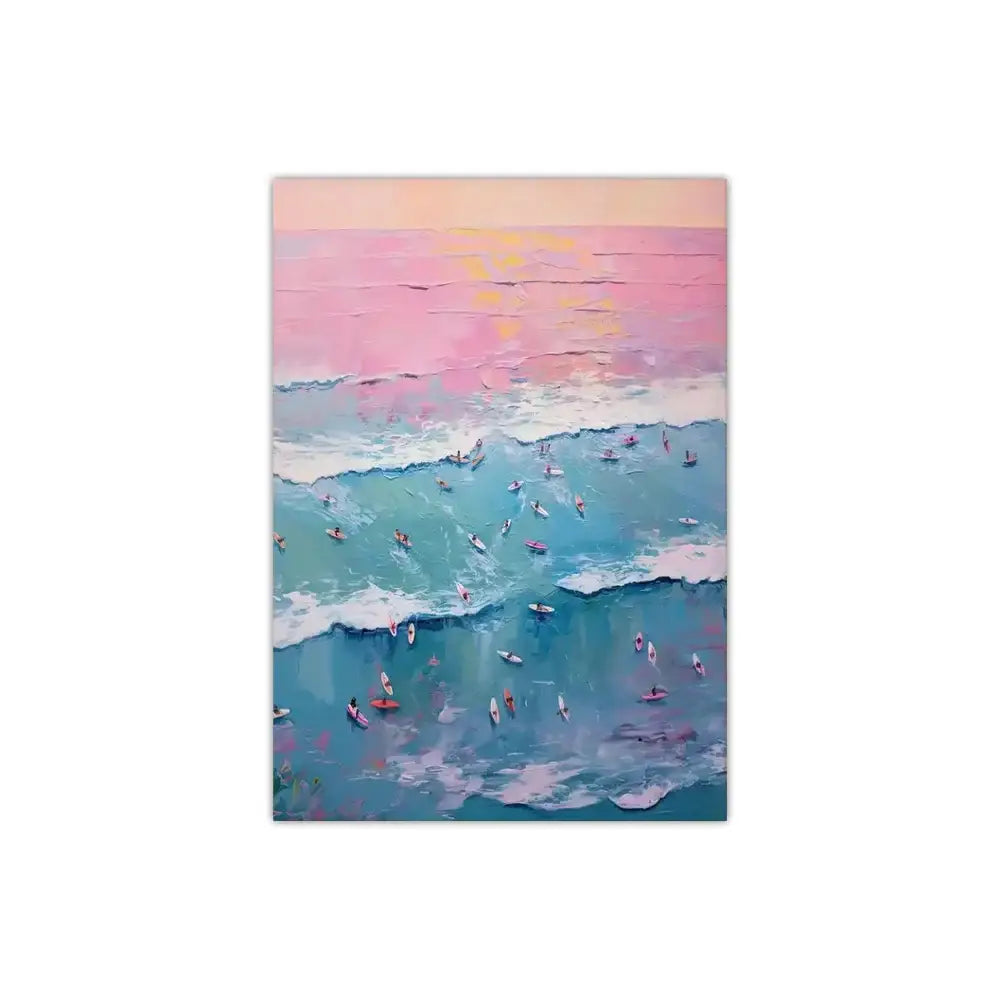 DecorBites™ frameless summer canvas wall art featuring vibrant pink and turquoise hues with people swimming and surfing