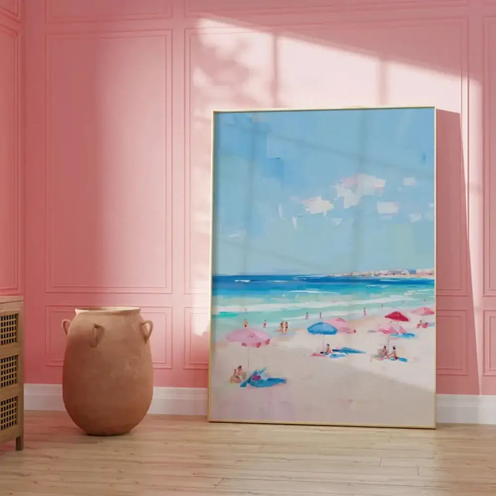 Decorbites frameless summer canvas wall art featuring people swimming in turquoise waters with pink umbrellas and pastel hues