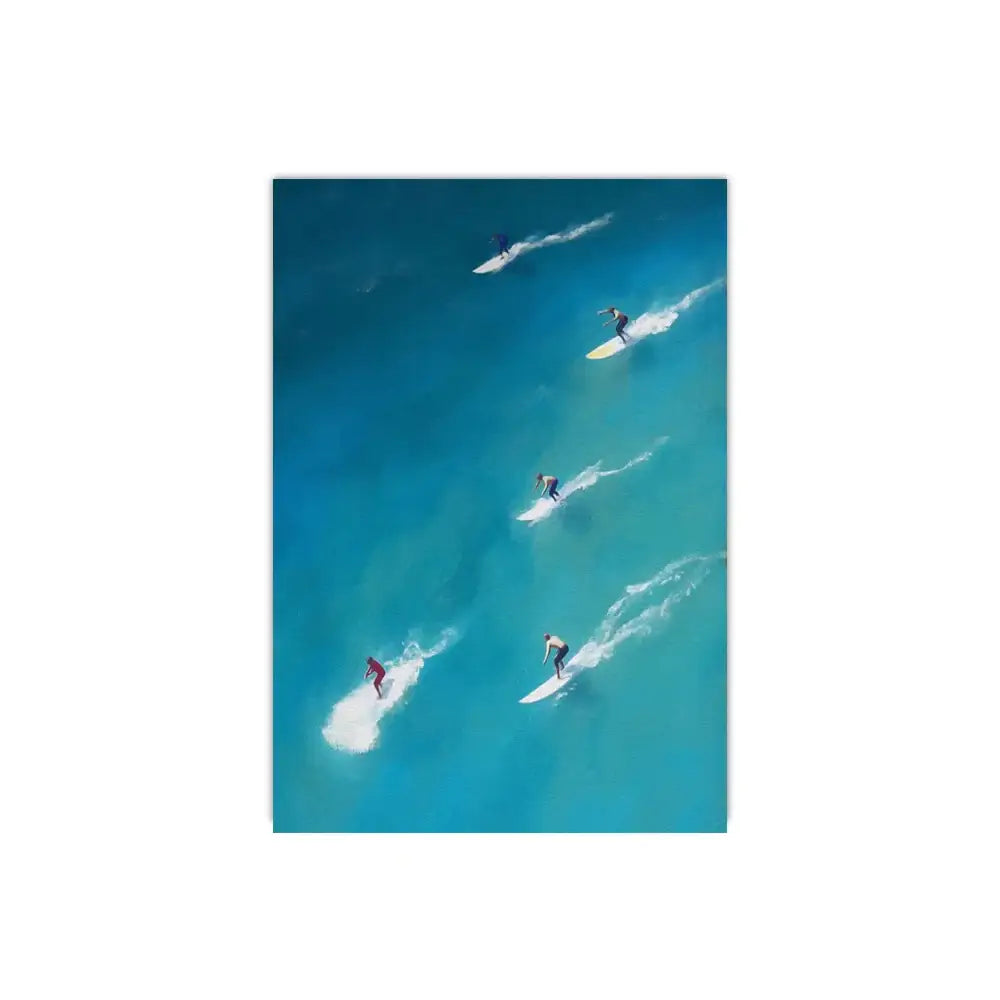 Decorbites™ frameless summer wall art featuring vibrant turquoise ocean and five people swimming on surfboards
