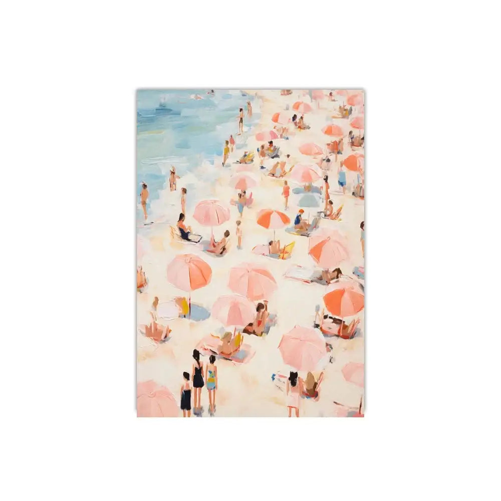 DecorBites™ frameless summer canvas wall art with vibrant pink and orange umbrellas and people swimming on a beach