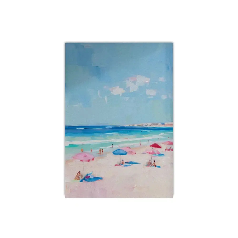 DecorBites™ frameless summer canvas wall art featuring people swimming with pastel umbrellas and turquoise waves