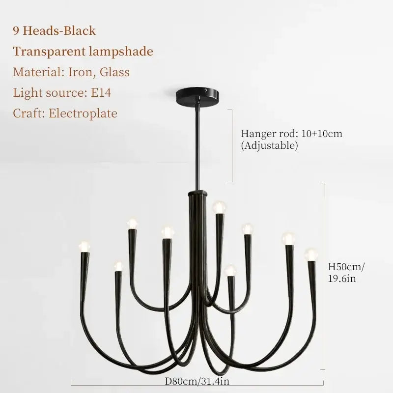 Black iron decorbites french candle led chandelier with nine curved arms and transparent glass lampshades