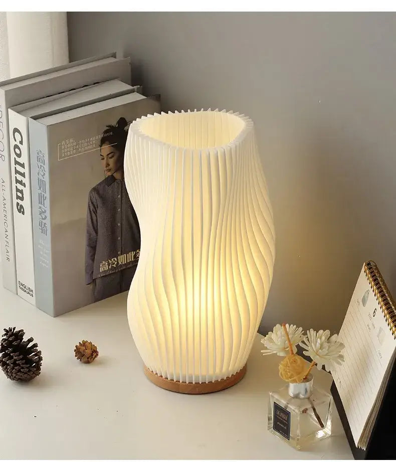 DecorBites french cream style desk lamp with ribbed paper shade and wooden base for bedside or study use