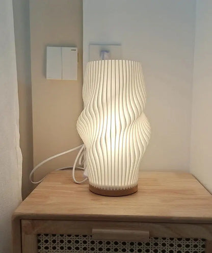 Decorbites™ french cream style desk lamp with sculptural white ribbed shade and wooden base for bedside or study use