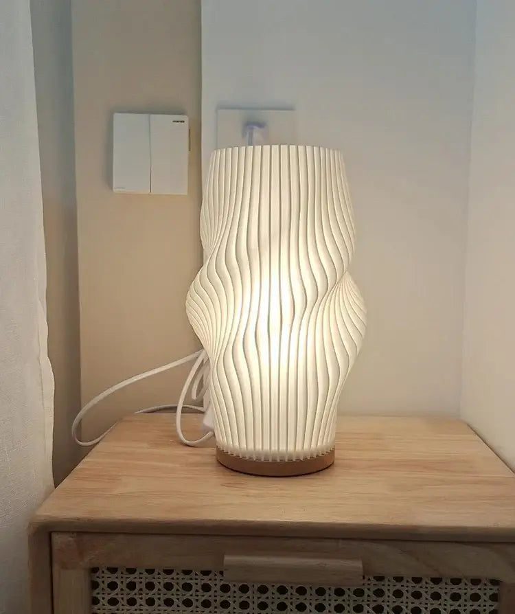 Decorbites™ french cream style desk lamp with sculptural white ribbed shade and wooden base for bedside or study use