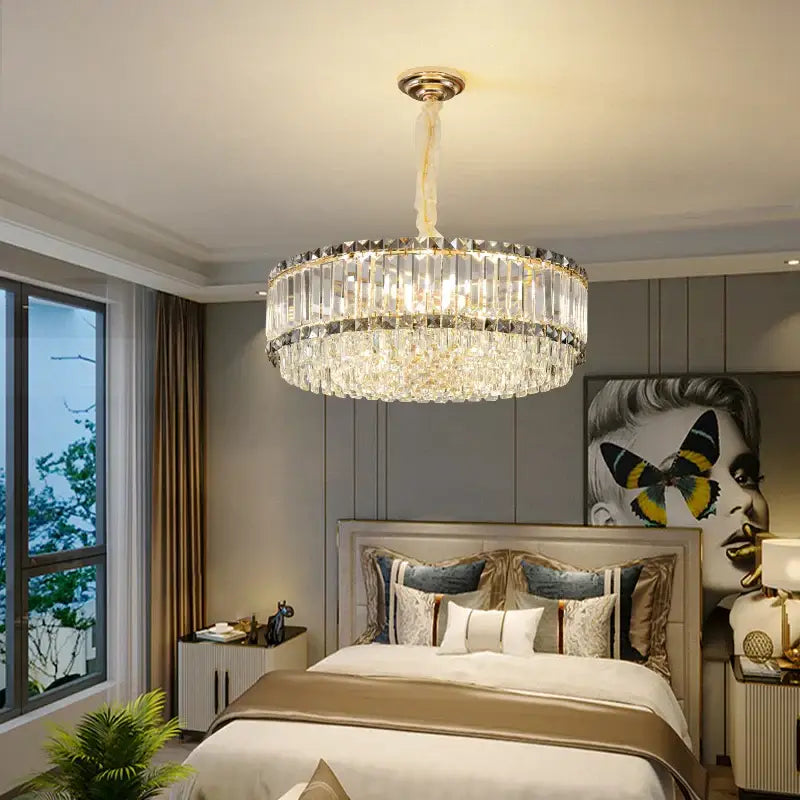 A decorbites french crystal chandelier with gold two tier light featuring clear faceted crystals for living rooms