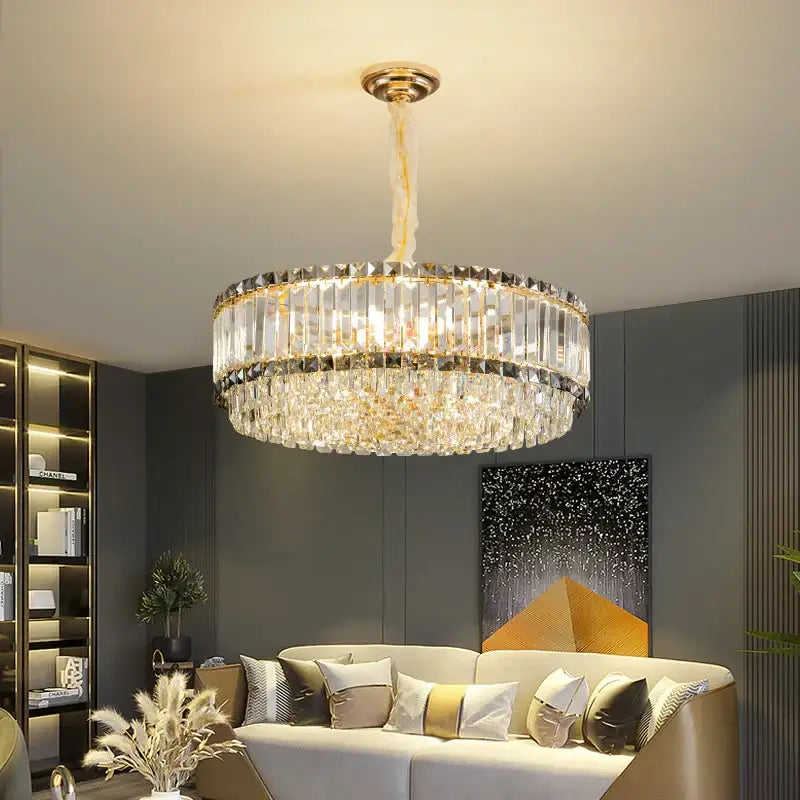 A decorbites french crystal two tier chandelier with gold ceiling fixture and clear faceted glass rods for living room
