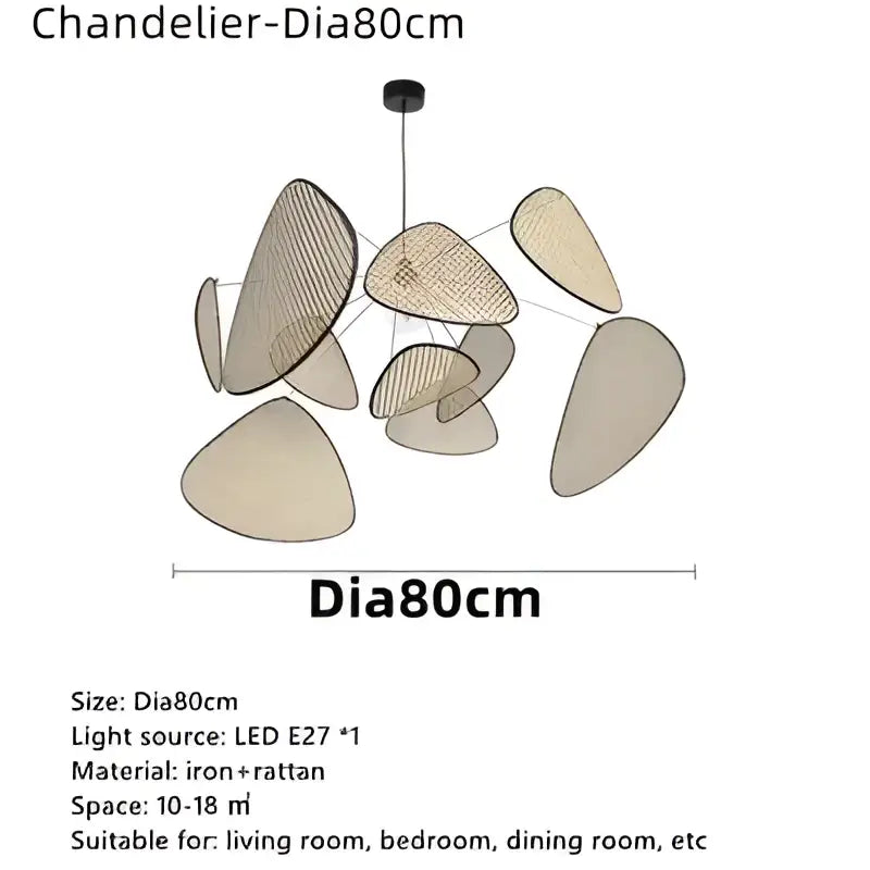Modern 80cm french design rattan chandelier with organic leaf-shaped iron and rattan shades for home lighting