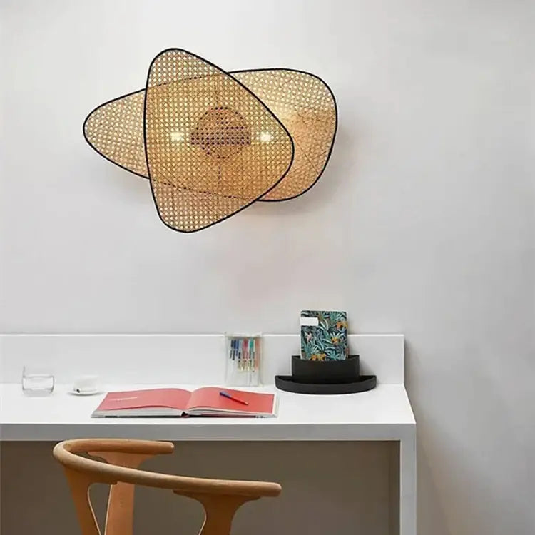 DecorBites™ french design rattan chandelier with black trim and woven geometric wall-mounted lamp for home lighting
