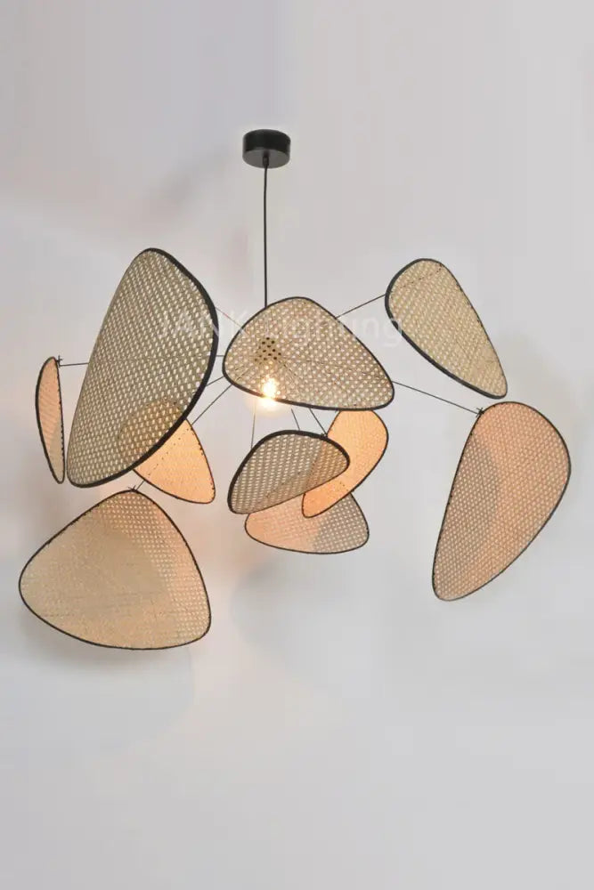 Modern DecorBites™ french design rattan chandelier with woven beige rattan panels and black metal frame for home lighting