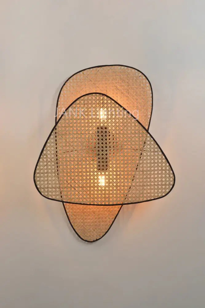 A modern wall-mounted rattan chandelier in warm beige tones with geometric french design for home lighting decor