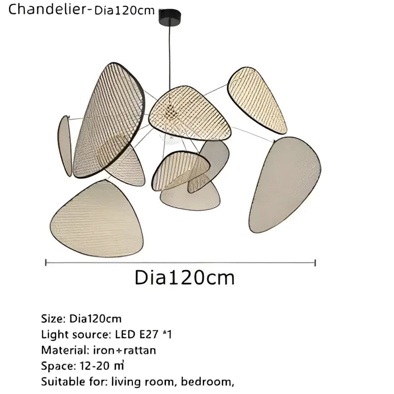 DecorBites™ french design rattan chandelier with black iron mount and beige pendant elements for home lighting