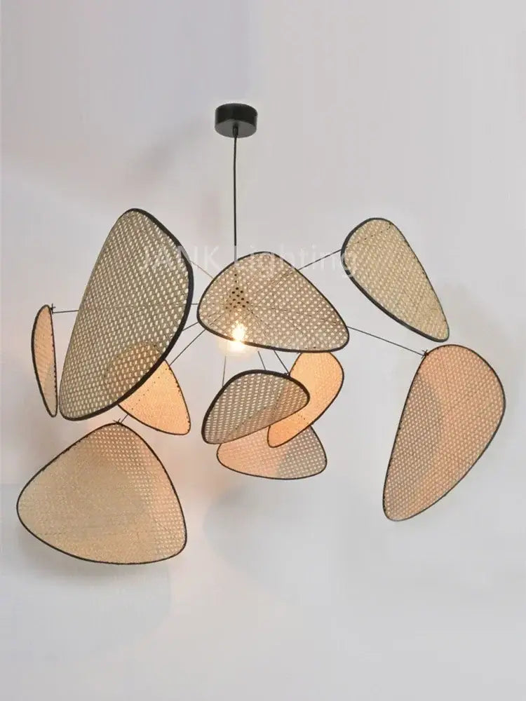 DecorBites™ french design rattan chandelier with irregular woven beige panels and black metal frame for home lighting