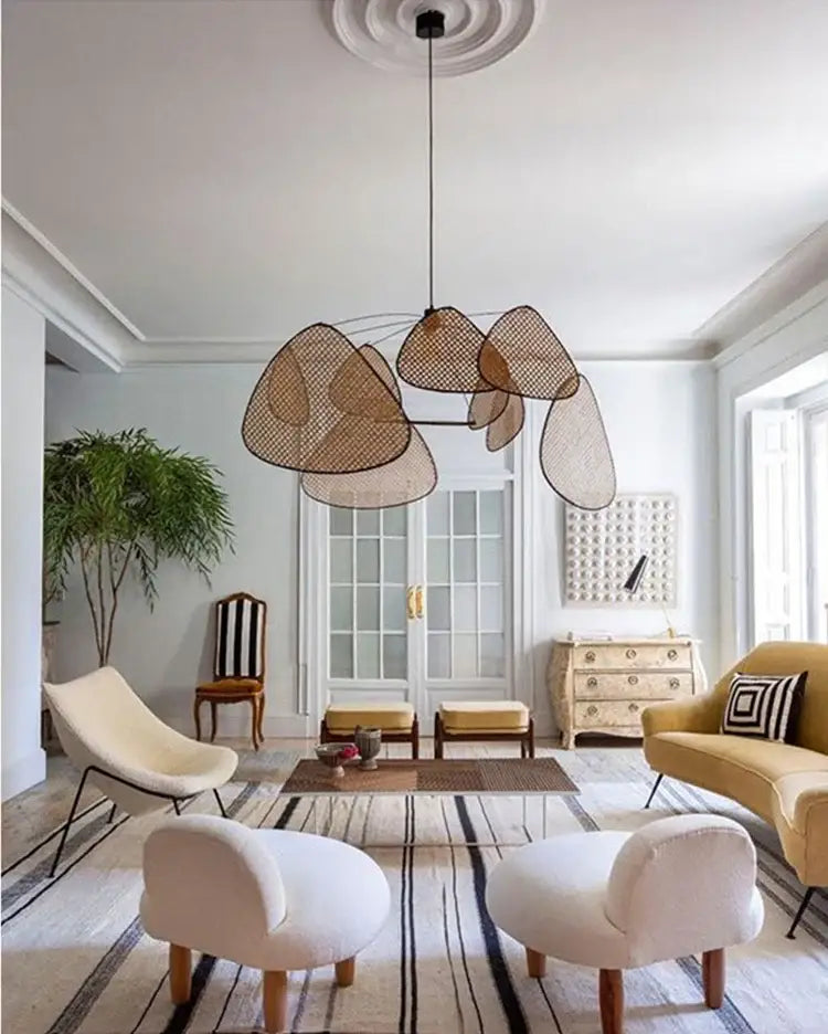 A modern beige woven rattan chandelier with geometric design from decorbites french design market for home lighting